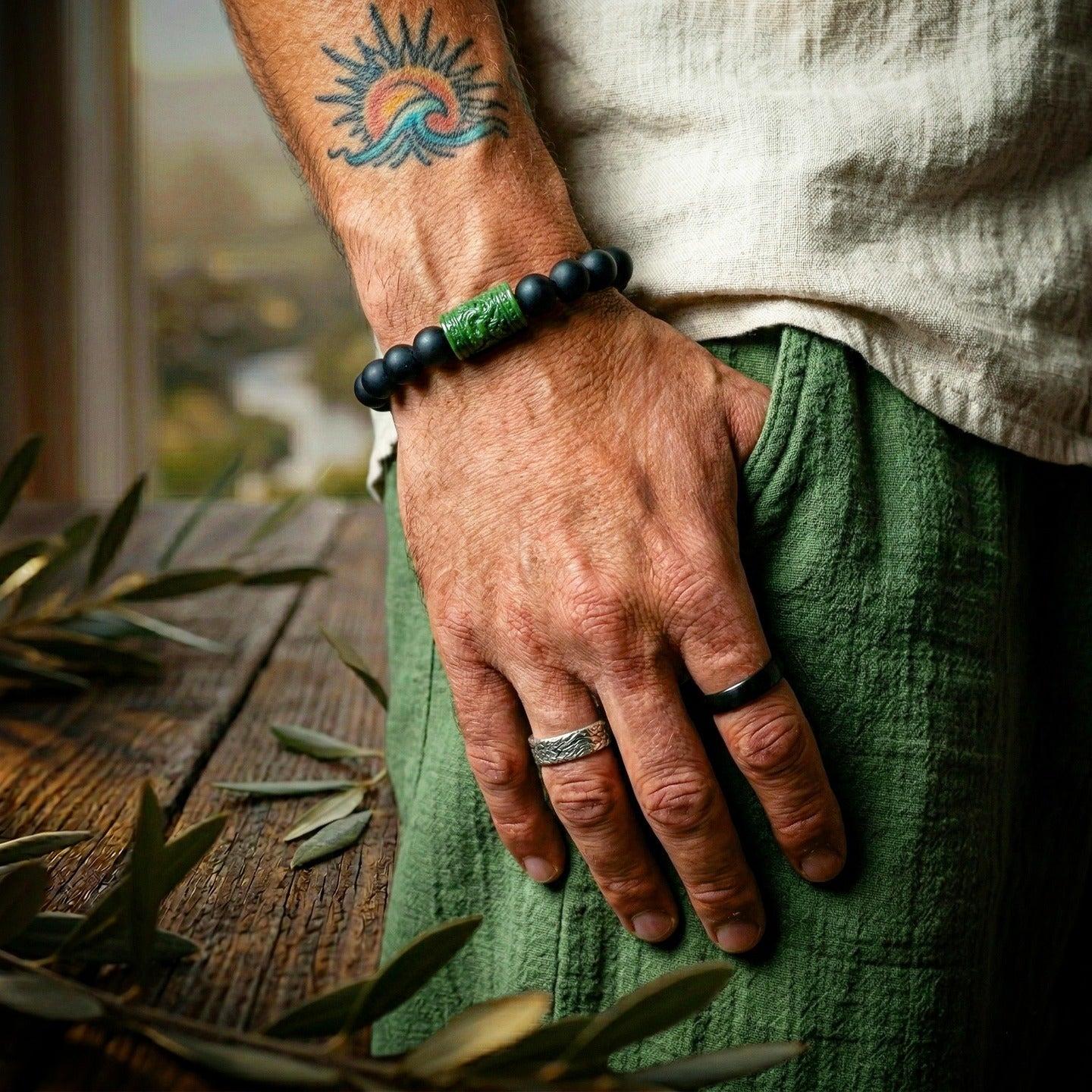 Matte Onyx: Bold Black Stone with a Unique Green Carved Accent