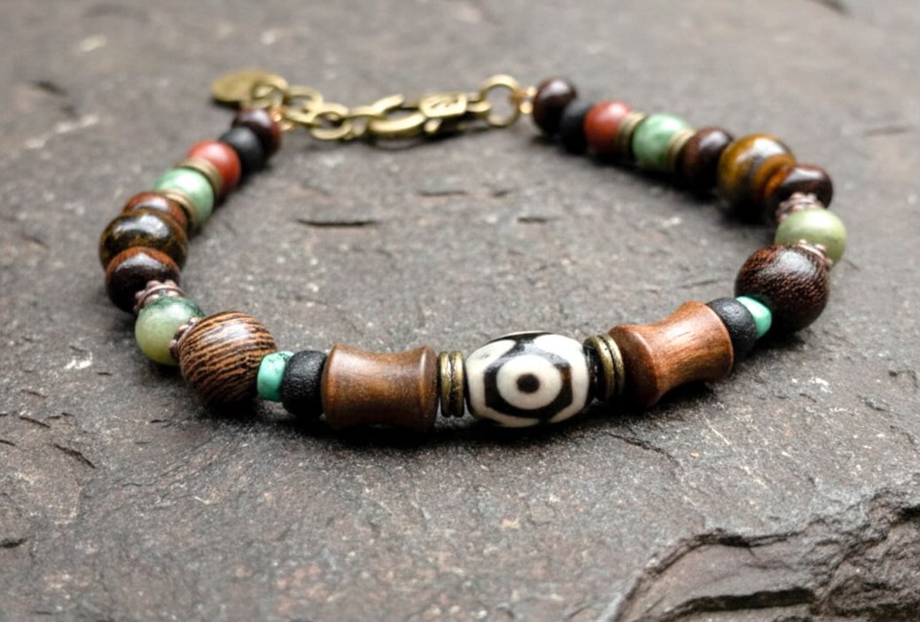 Natural Boho Dzi Agate Wood and Nephrite Jade Bracelet for Spiritual Connection