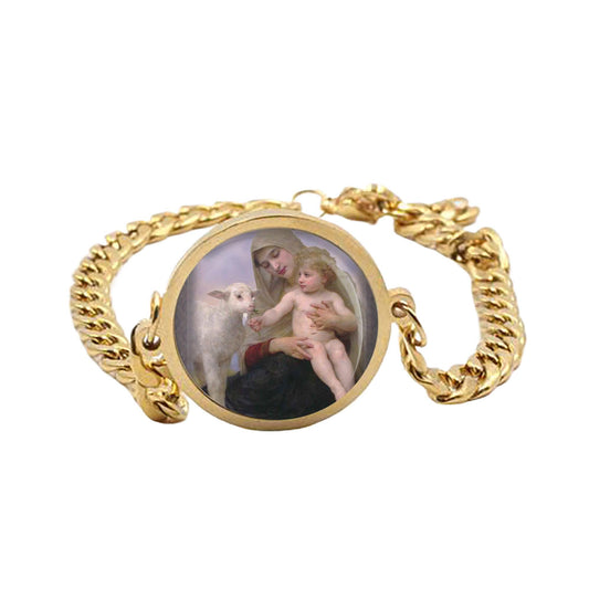 Our Lady Madonna And Child With Lamb Curb Bracelet Gold or Silver tone Religious Jewelry Simple Chain