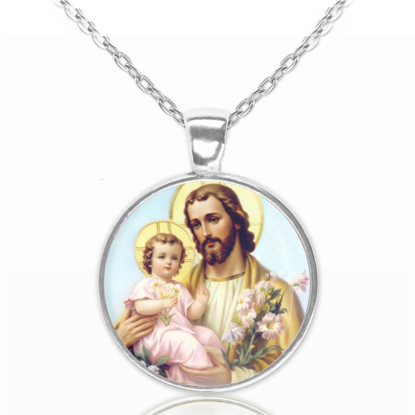 St. Joseph holding Baby Jesus with lilies Necklce