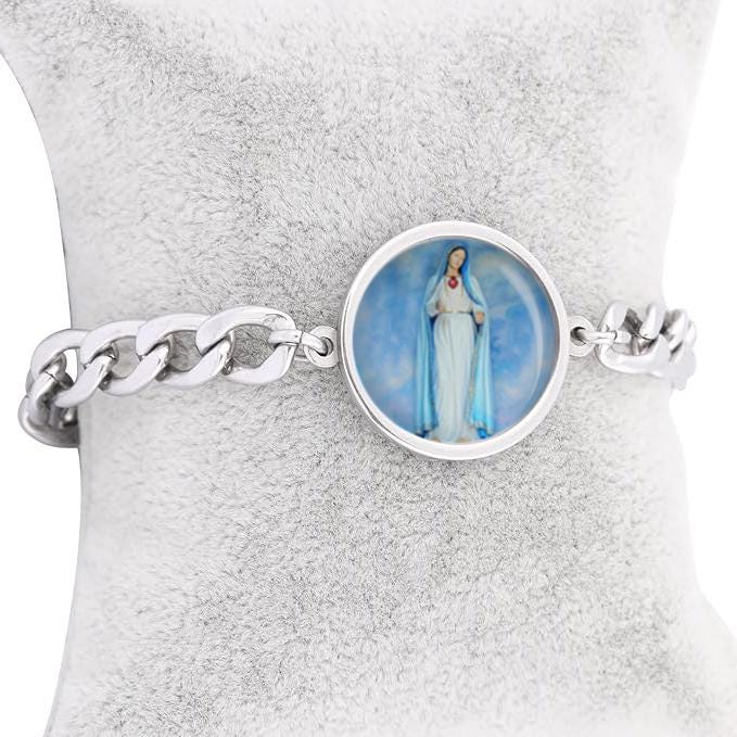 Our Lady Blue Mary Curb Bracelet Gold or Silver tone Religious Jewelry Simple Chain