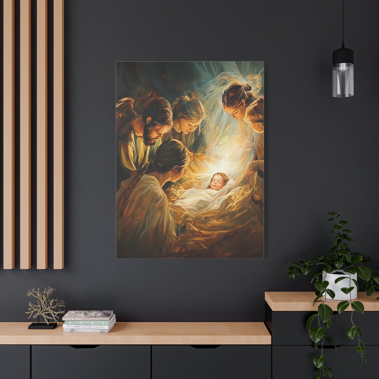 Jesus Nativity w Angels Catholic Canvas Wall Art, Christian Decor