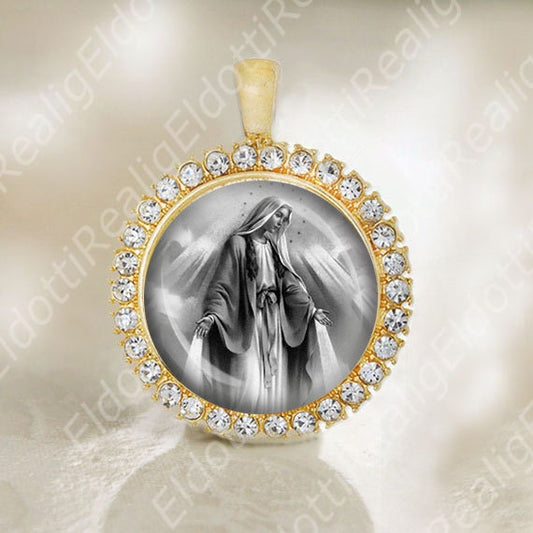 Our Lady of the Miraculous Catholic Medal Black and White Virgin Mary Pendant.