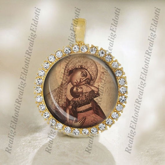 Theotokos Mother Mary and Baby Christian Eastern Orthodox Gold Medal Cabochon