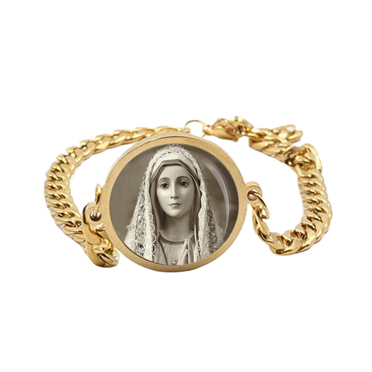 Our Lady Fatima Curb Bracelet Gold or Silver tone Religious Jewelry Simple Chain
