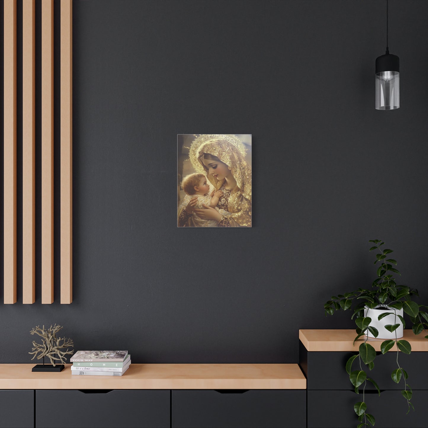 Mary and Baby in Gold Catholic Canvas Wall Art, Christian Decor