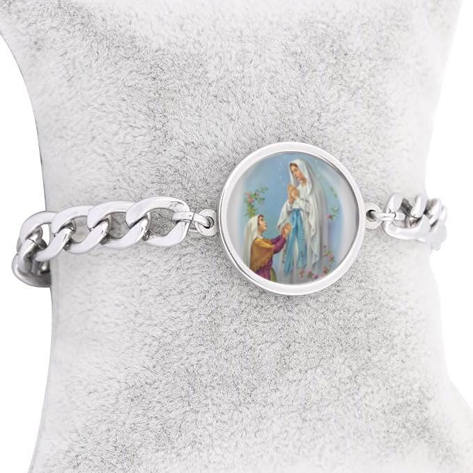 Our Lady of Lourdes Curb Bracelet Gold or Silver tone Religious Jewelry Simple Chain