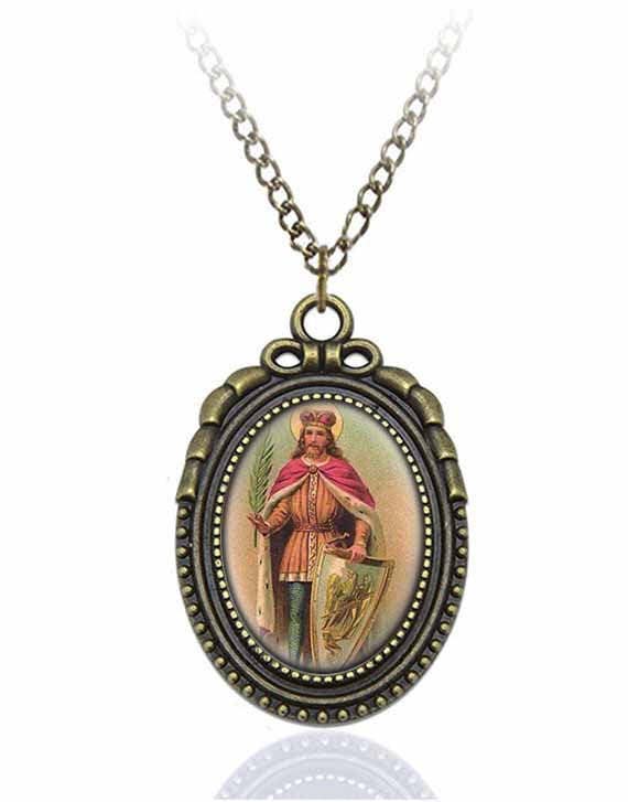 St Ladislaus I of Hungary Catholic Necklace Bronze Medal w Chain Oval Pendant Saint  Rare