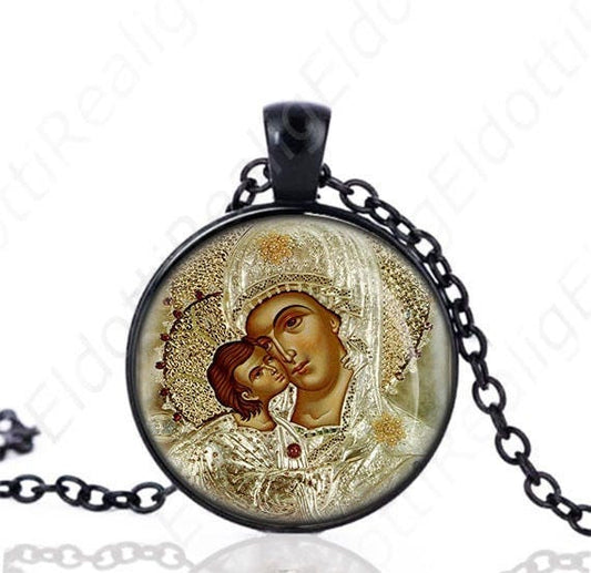 Orthodox Icon Virgin Mary and Baby Jesus Black Necklace Orthodox Medal Pendant Chain