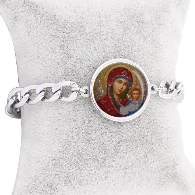 Our Lady Mary Theotokos In Red Curb Bracelet Gold or Silver tone Religious Jewelry Simple Chain