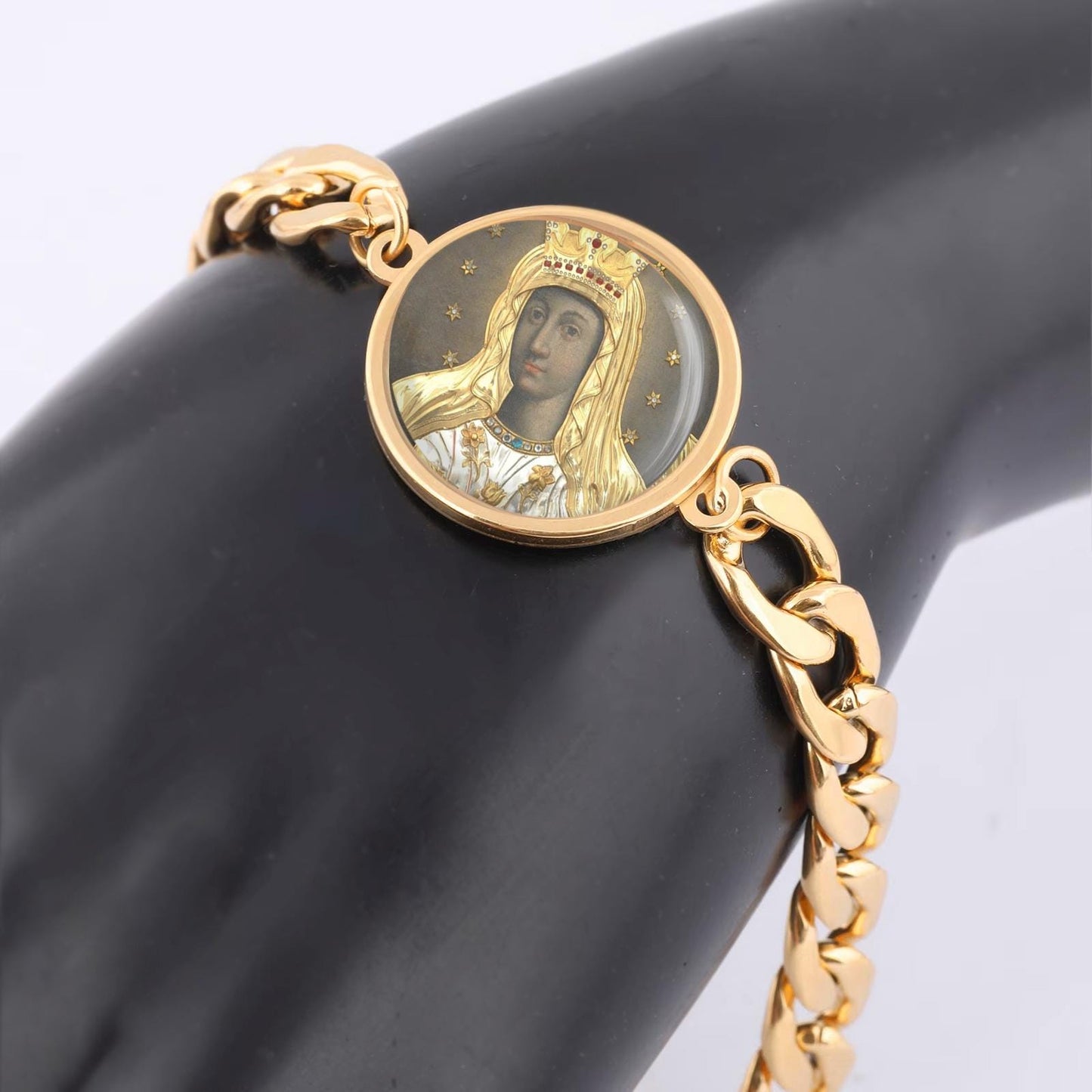 Our Lady Comforter Of The Afflicted Curb Bracelet Gold or Silver tone Religious Jewelry Simple Chain