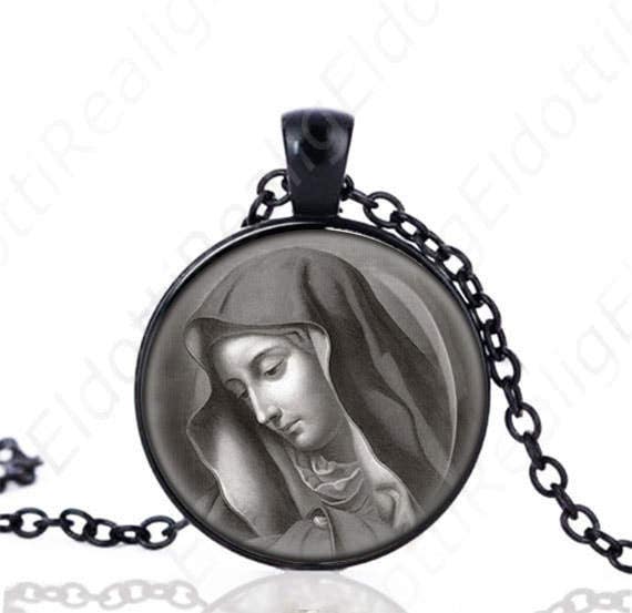 Our Lady of Sorrows Black Necklace Catholic Medal Religious Pendant Jewelry
