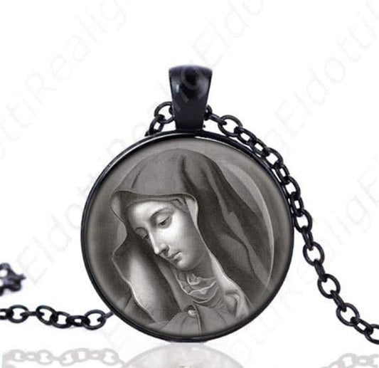 Our Lady of Sorrows Black Necklace Catholic Medal Religious Pendant Jewelry