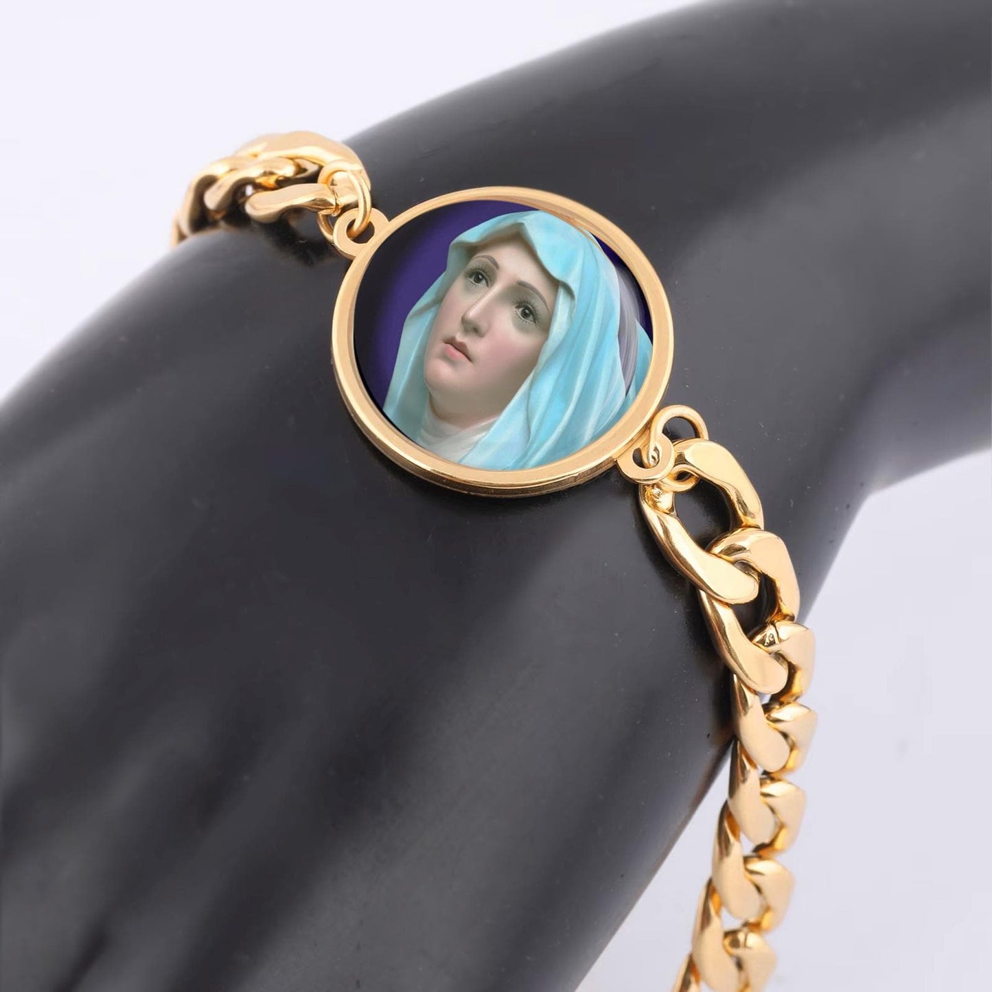 Our Lady Mary Curb Bracelet In Gold or Silver tone Religious Jewelry
