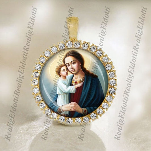 Virgin Mary and Baby Jesus Religious Christian Orthodox Gold Medal Cabochon