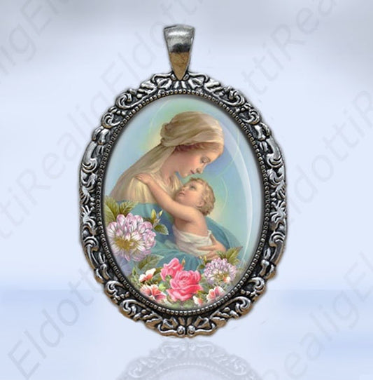 Most Holy Mother Virgin Mary and Baby Jesus w Flowers Catholic Christian Medal Pendant Charm Silvertone Oval Filigree