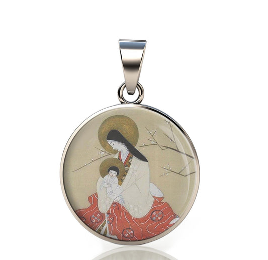 Our Lady Sacura 925 Sterling Silver Round Pendant Christian Religious Medal Small 20mm