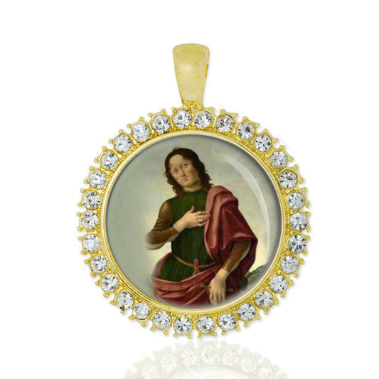 St Julian the Hospitaller Gold Tone Medal Catholic Pendant w Rhinestones