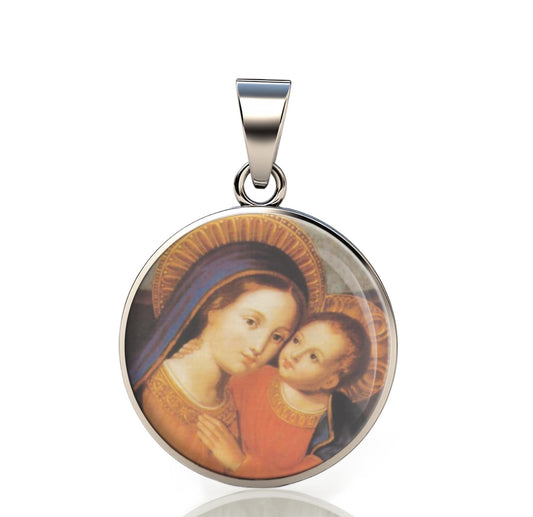 Our Lady Good Counsel Mary And Child 925 Sterling Silver Round Pendant Christian Religious Medal Small 20mm