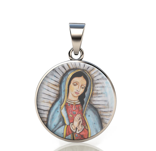 Our Lady Guadalupe 925 Sterling Silver Round Pendant Christian Medal Small 20mm