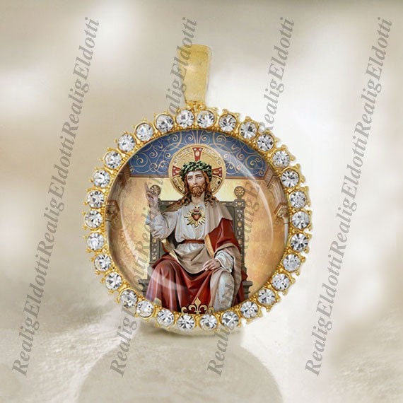 Jesus Christ our King with Sacred Heart Religious Christian Catholic Gold Medal Pendant Jewelry