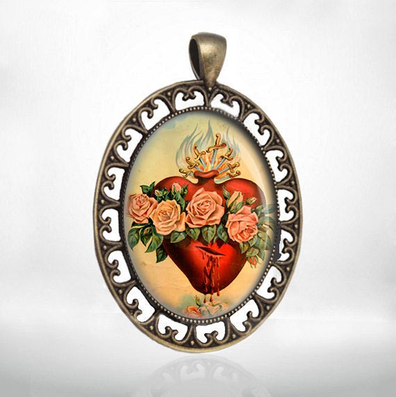 Mary Immaculate Heart Roses Seven Swords Religious Jewelry Medal Catholic Bronze Large Pendant for Necklace