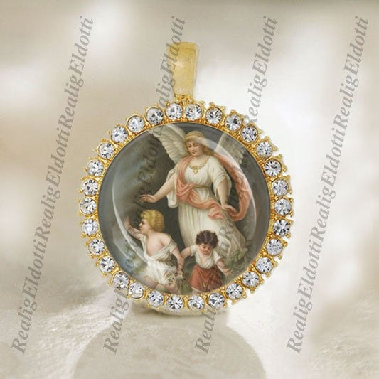 Guardian Angel Child Catholic Christian Gold Tone Medal Pendant Protection