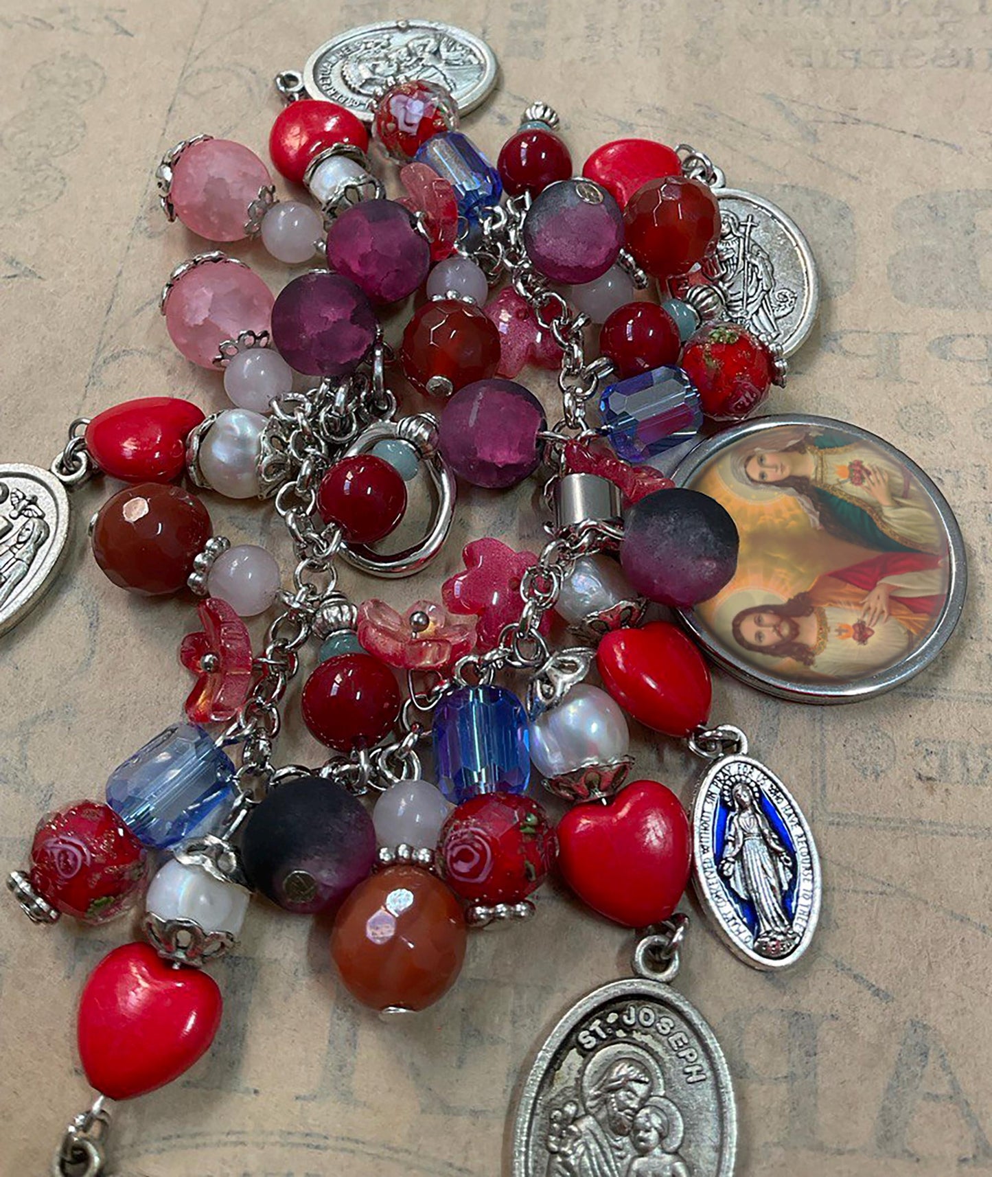 Immaculate Mary and Sacred Heart Jesus Catholic Religious Handmade Bracelet with Gemstones