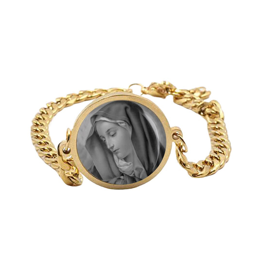 Our Lady Sorrows Black Mother Mary Curb Bracelet Gold or Silver tone Religious Jewelry Simple Chain