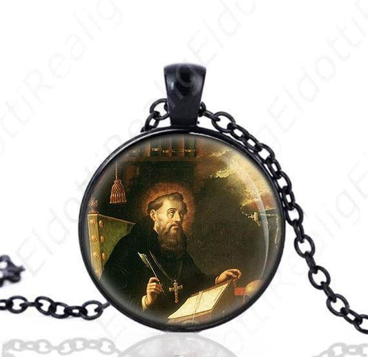 Saint Augustine of Hippo w Book Black Necklace Philosopher Catholic Medal Pendant Chain