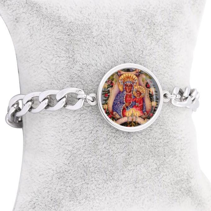 Our Lady Czestochowa Black Madonna Curb Bracelet Gold or Silver tone Religious Jewelry Simple Chain