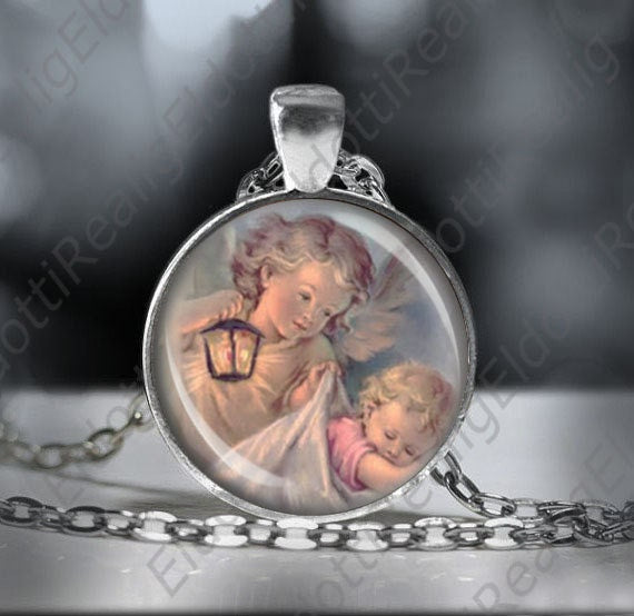 My Guardian Angel - Catholic Necklace Medal Silvertone 1 inch Pendant