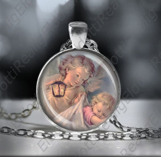My Guardian Angel - Catholic Necklace Medal Silvertone 1 inch Pendant