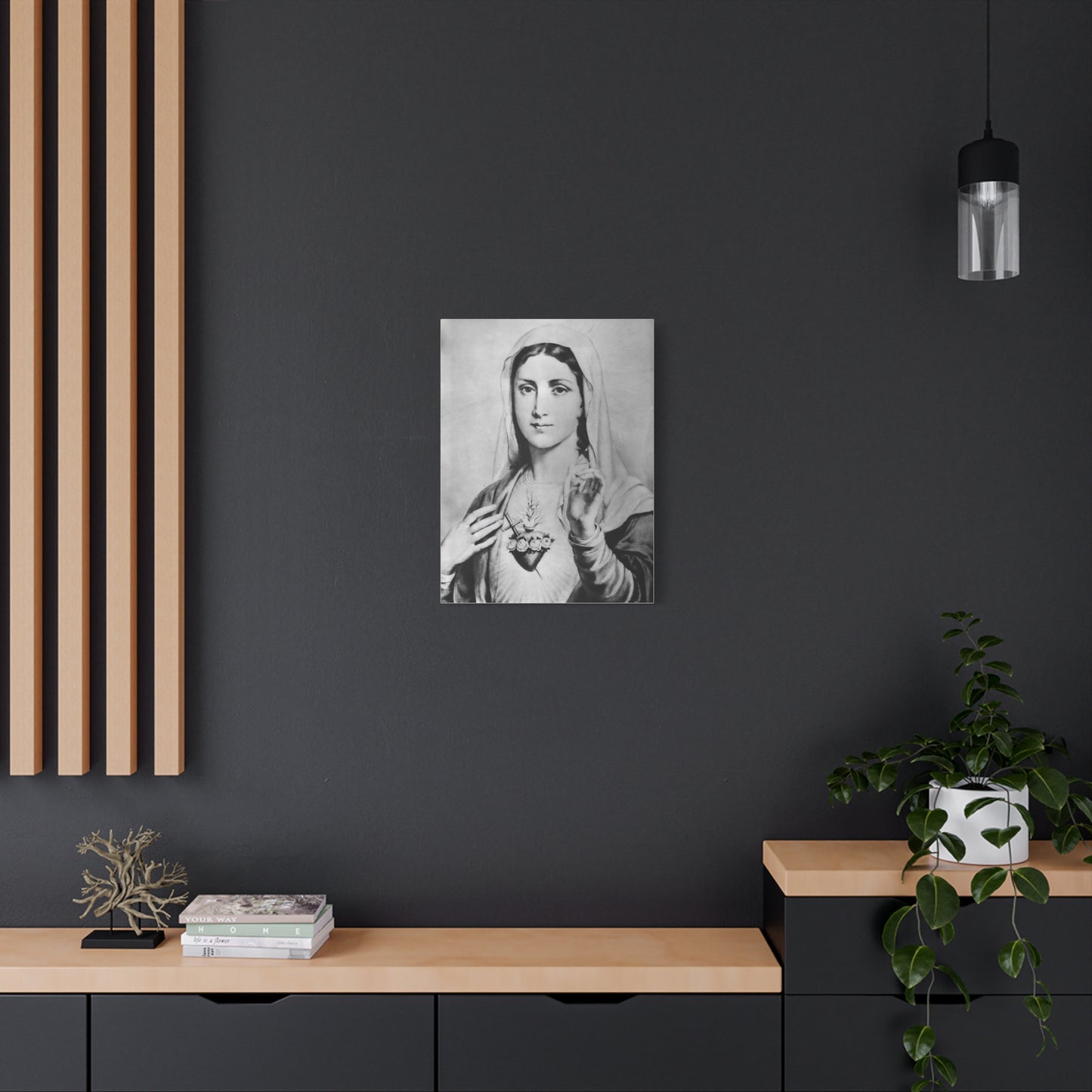 Ready To Hang - Black and White Mother Mary Immaculate Heart Catholic Canvas Wall Art, Christian Decor