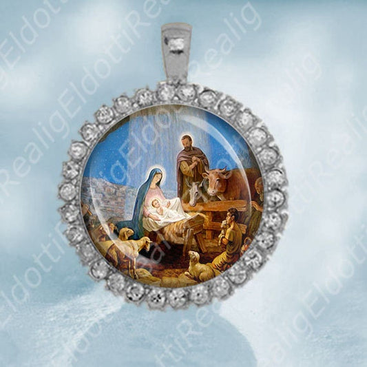 Nativity Scene Christmas Joseph, Mary Baby Jesus Birth Catholic Medal Pendant Silver Tone