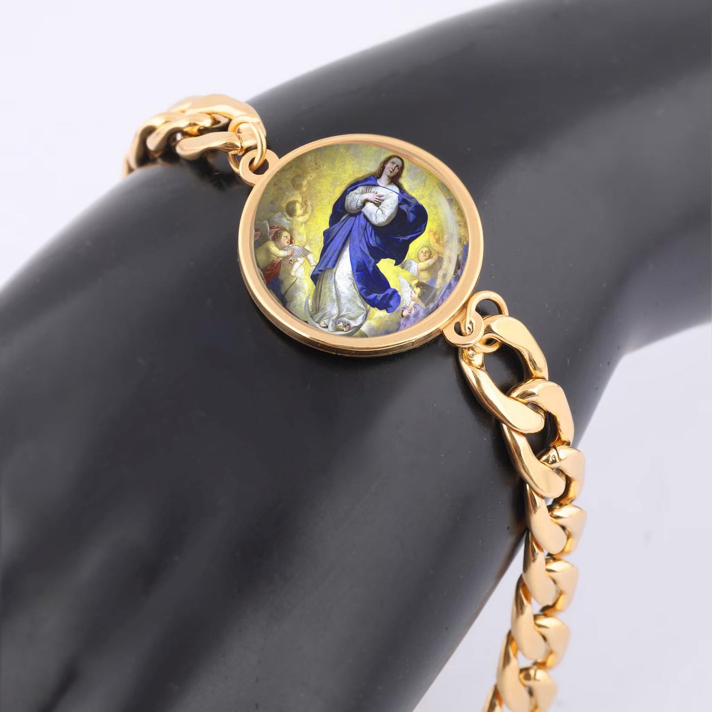 Our Lady Assumption Mary Curb Bracelet Gold or Silver tone Religious Jewelry Simple Chain