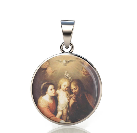 Holy Family 925 Sterling Silver Round Pendant  IV Christian Religious Medal Small 20mm
