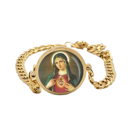 Our Lady Immaculate Curb Bracelet Gold or Silver tone Religious Jewelry Simple Chain