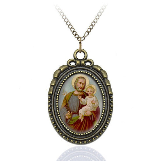 St. Joseph w Baby Jesus Christian Necklace Saint Catholic Religious Medal Pendant / Charm
