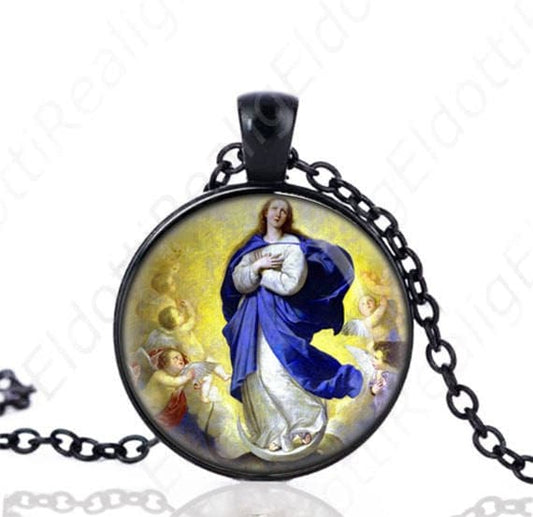 Our Lady of Assumption Black Necklace Blessed Virgin Mary Catholic Medal Religious Pendant Jewelry