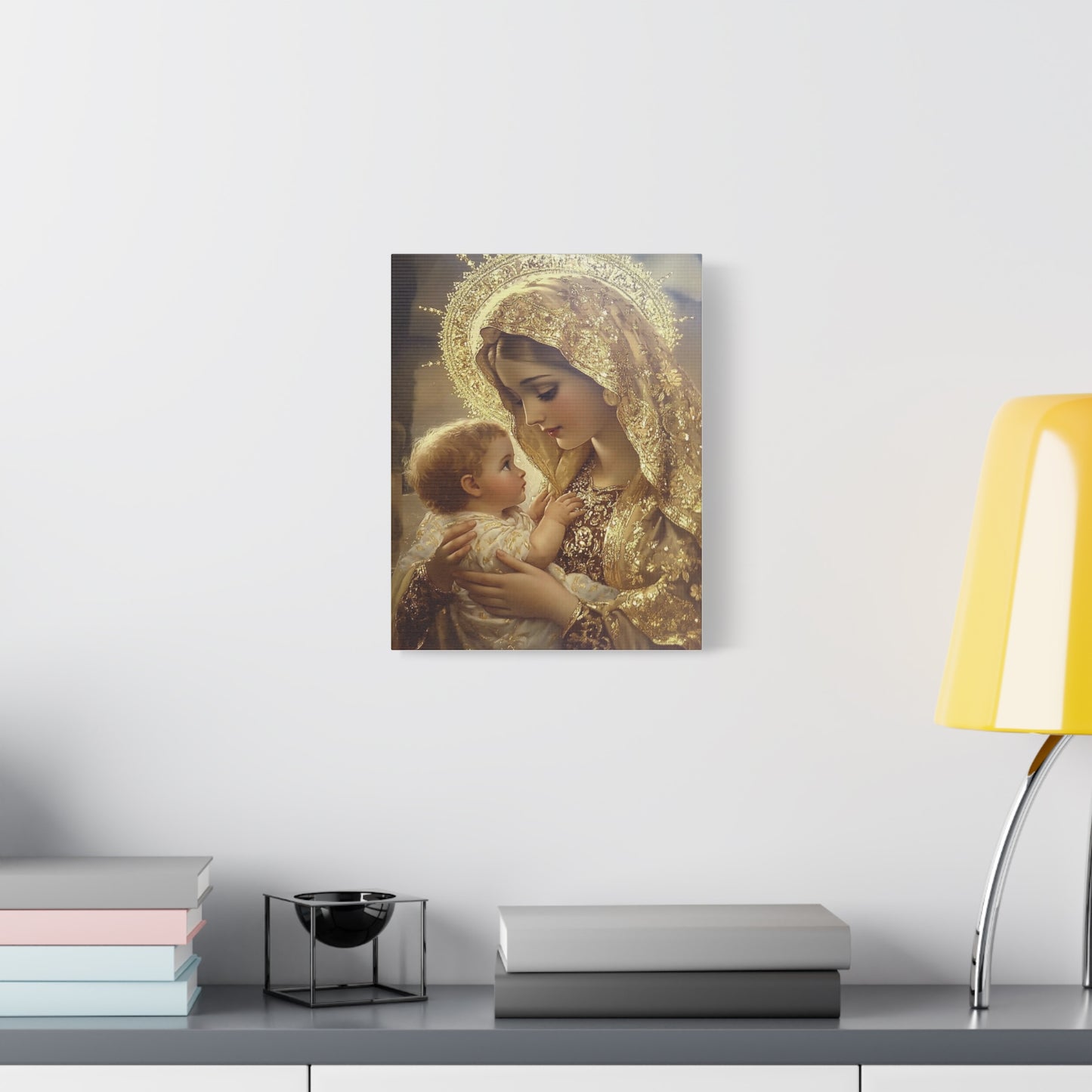 Mary and Baby in Gold Catholic Canvas Wall Art, Christian Decor