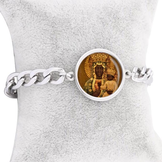 Black Madonna of Czestochowa Curb Bracelet Gold or Silver tone Religious Jewelry Simple Chain