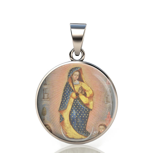 Our Lady Miracles 925 Sterling Silver Round Pendant Christian Religious Medal Small 20mm