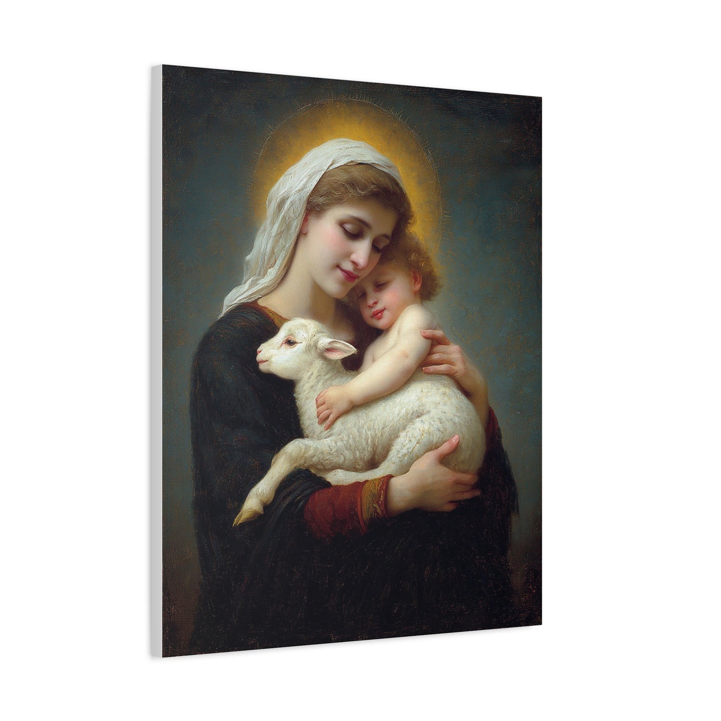 Mother Mary with Baby Jesus and Lamb Catholic Canvas Wall Art, Christian Decor