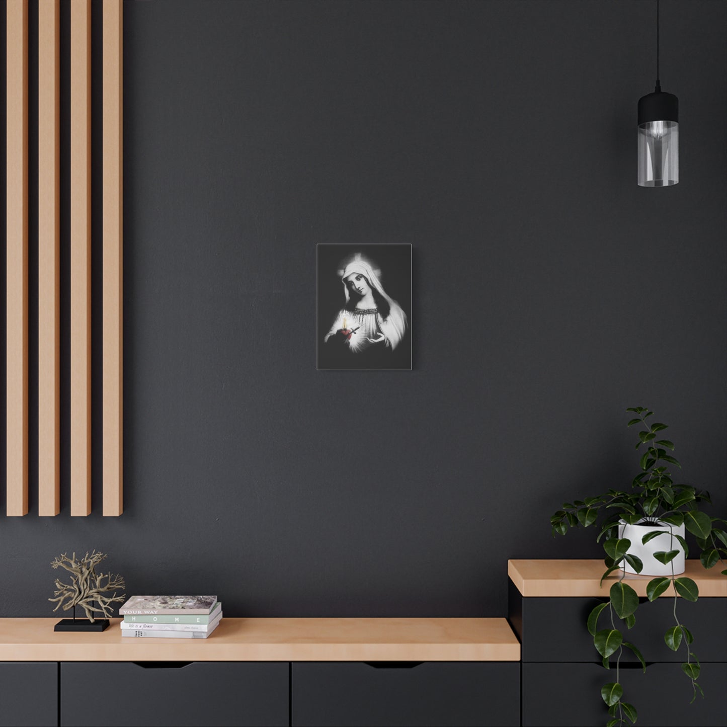 Ready To Hang - Mother Mary Immaculate Heart Catholic Sorrowful Mary Canvas Wall Art, Christian Decor Black and White