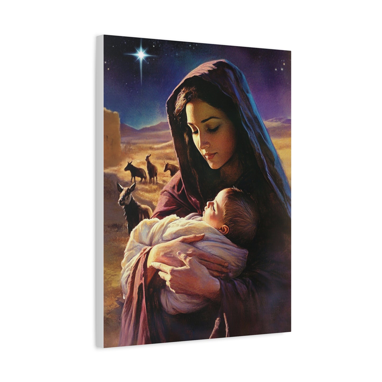 Mother Mary and Newborn Jesus Nativity Star Catholic Canvas Wall Art, Christian Decor