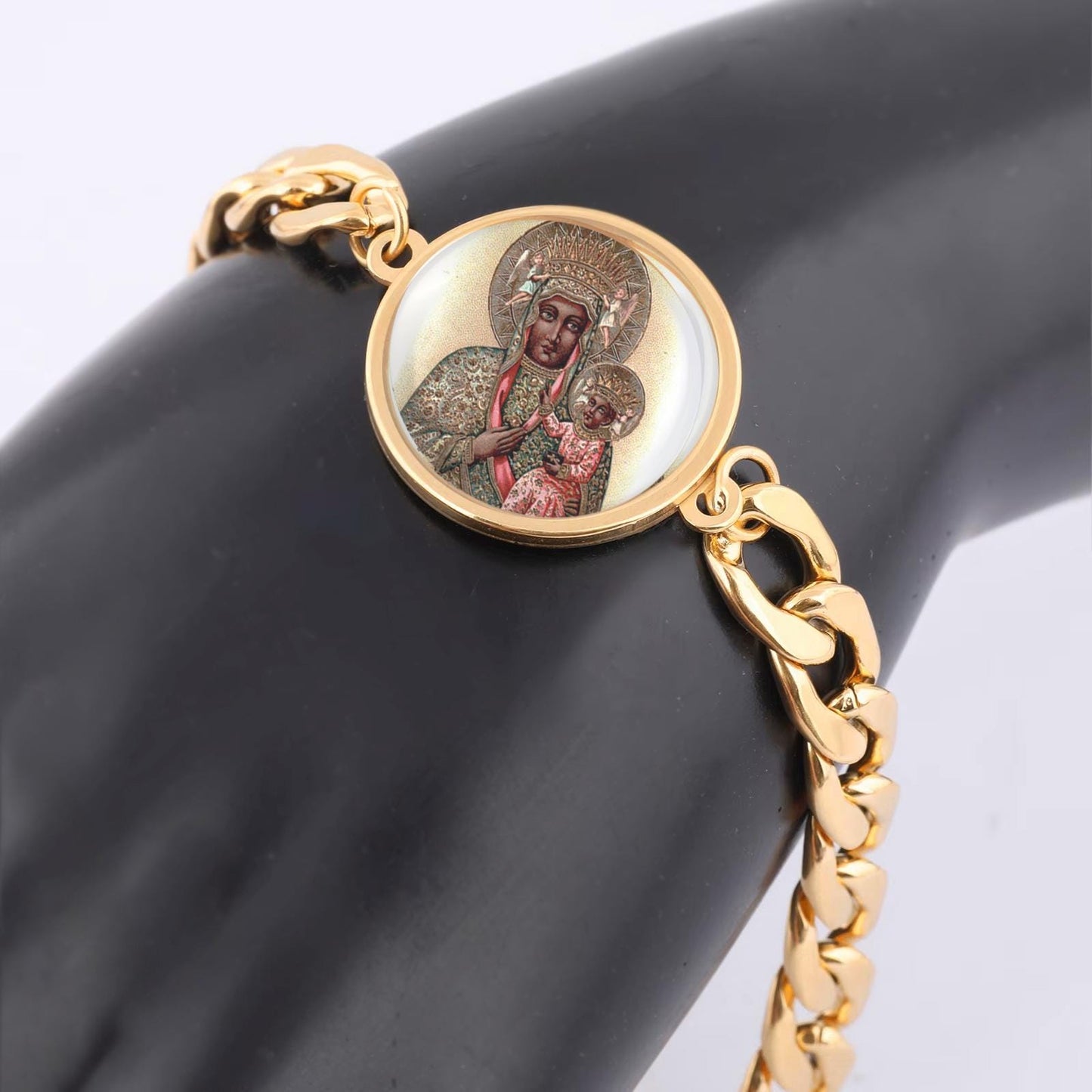 Our Lady Czestochowa Curb Bracelet Gold or Silver tone