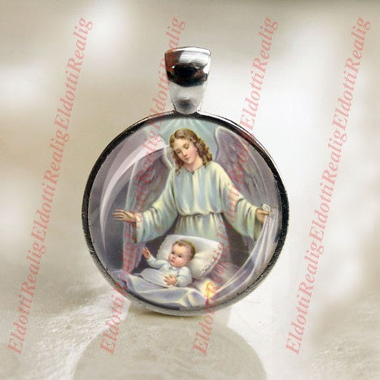 Guardian Angel - Catholic SIlvertone Medal Pendant /Charm Cabochon Religious Jewelry