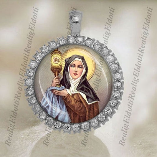Saint Clare of Assisi Christian Catholic Silver Tone Medal Cabochon Pendant