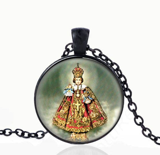 Infant JESUS of Prague Catholic Necklace. Religious Black Pendant.